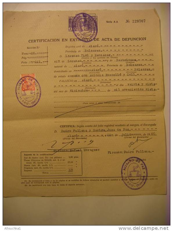 22-07-1960-CERTIFICATION EN EXTRACTO DE ACTA DE DEFUNCION - REGISTRO DIVIL DE ALARO-BALEARES - Sin Clasificación