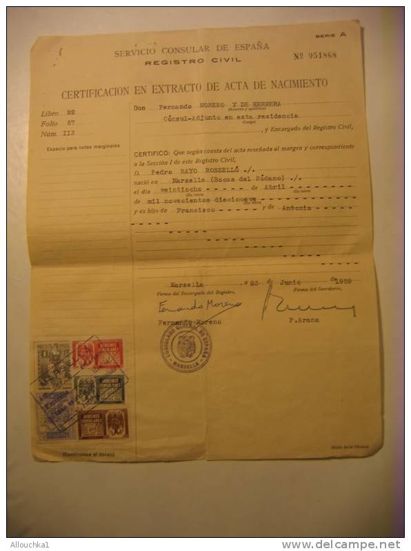 23-06-1959  -CERTIFICATION EN EXTRACTO DE ACTA DE NACIMIENTO - REGISTRO DIVIL DE ALARO-BALEARES - Sin Clasificación
