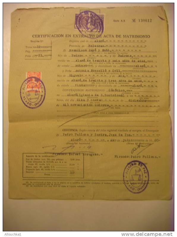 2-07-1960  -CERTIFICATION EN EXTRACTO DE ACTA DE MATRIMONIO - REGISTRO DIVIL DE ALARO-BALEARES - Zonder Classificatie