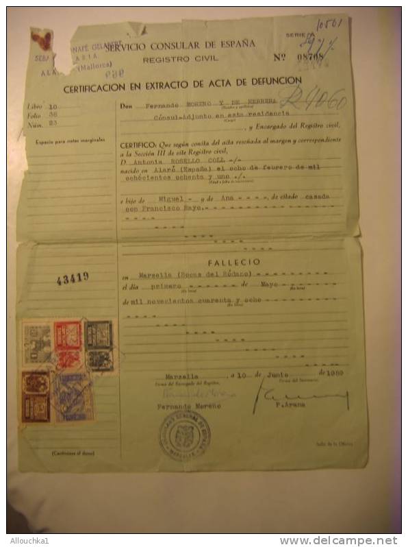 30-07-1960  -CERTIFICATION EN EXTRACTO DE ACTA DE DEFUNCION - REGISTRO DIVIL DE ALARO-BALEARES - Unclassified