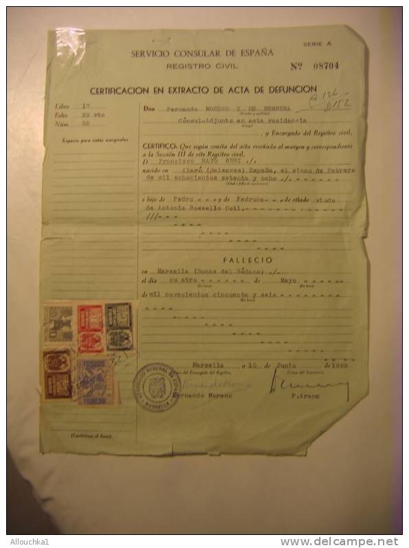 10-06-1959  -CERTIFICATION EN EXTRACTO DE ACTA DE DEFUNCION - REGISTRO DIVIL DE ALARO-BALEARES - Sin Clasificación