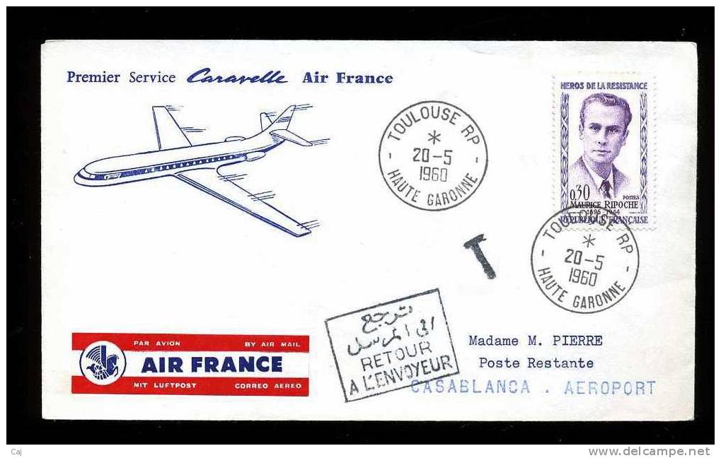 F 023  -  France  :  Premier Service Caravelle Air France 20/05/60 - Erst- U. Sonderflugbriefe