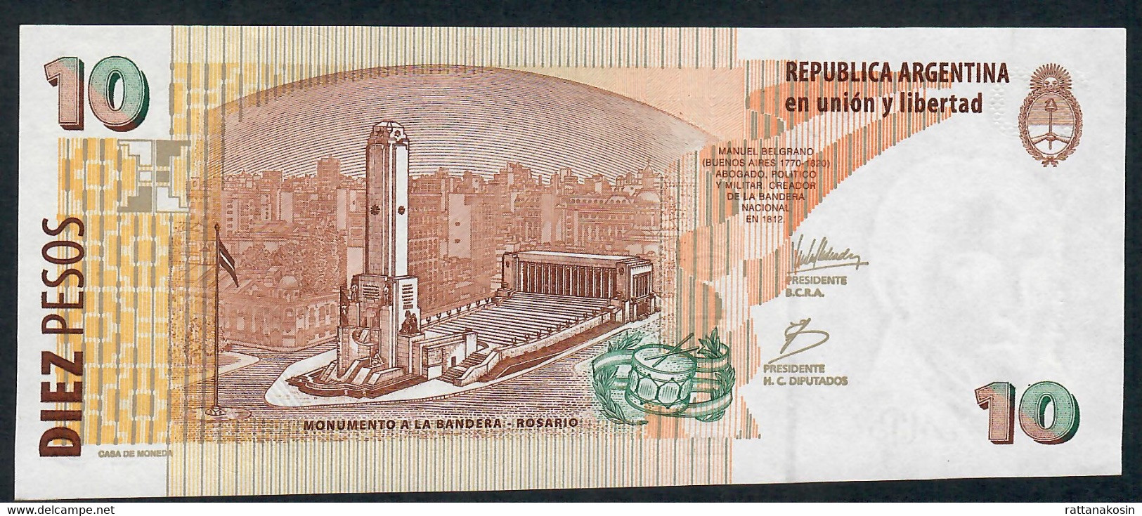 ARGENTINA  P354d  10  PESOS  (2003)  Serie J   Signature 78 ( Issued  2008 )   UNC. - Argentina