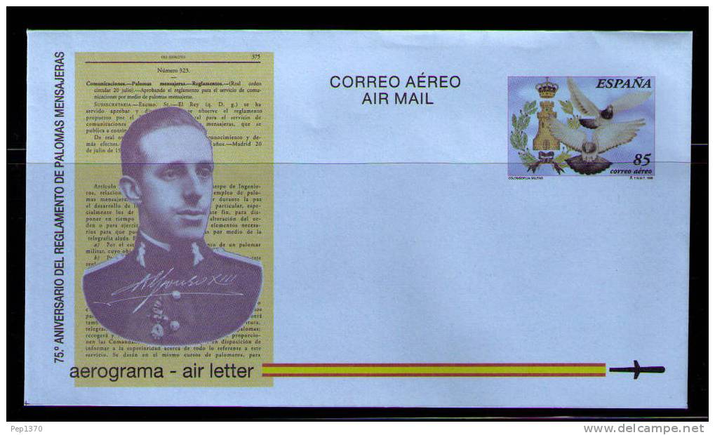 AEROGRAMA DE 1998 75º ANIVERSARIO DEL REGIMIENTO DE PALOMAS MENSAJERAS - Storia Postale