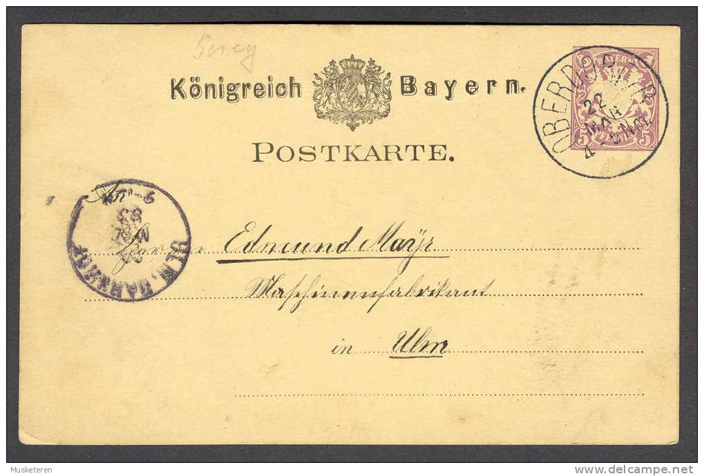 Königreich Bayern Postal Stationery Ganzsache Entier Postkarte Deluxe OBERDORF 1883 To ULM Bahnhof Cancel !! - Postwaardestukken