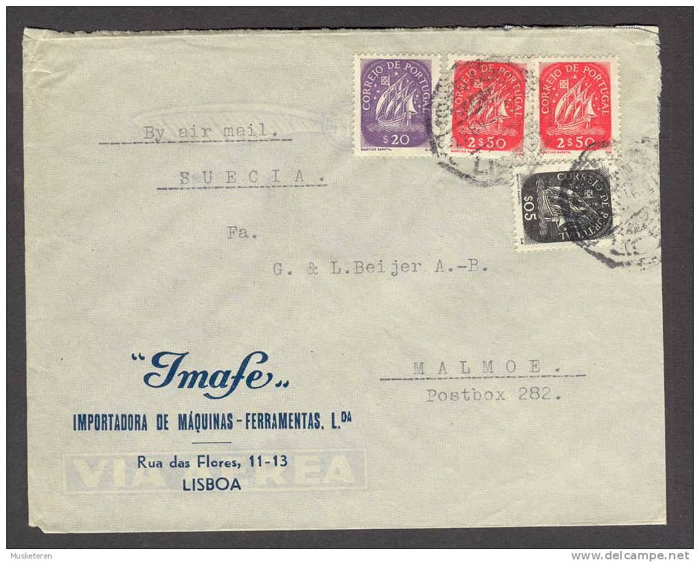 Portugal Airmail Via Aerea IMAFE Importadora De Máquinas-Ferramentas Lisboa Cover 1945 To Sweden Caravel Karavelle Ships - Cartas & Documentos