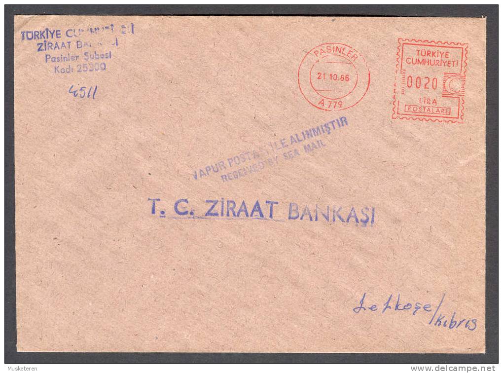 Turkey Deluxe PASINLER Meter Stamp Cover 1986 Received By Sea Mail Cancel To Bank In Lefkosa Nicosia Cyprus Cypern - Briefe U. Dokumente