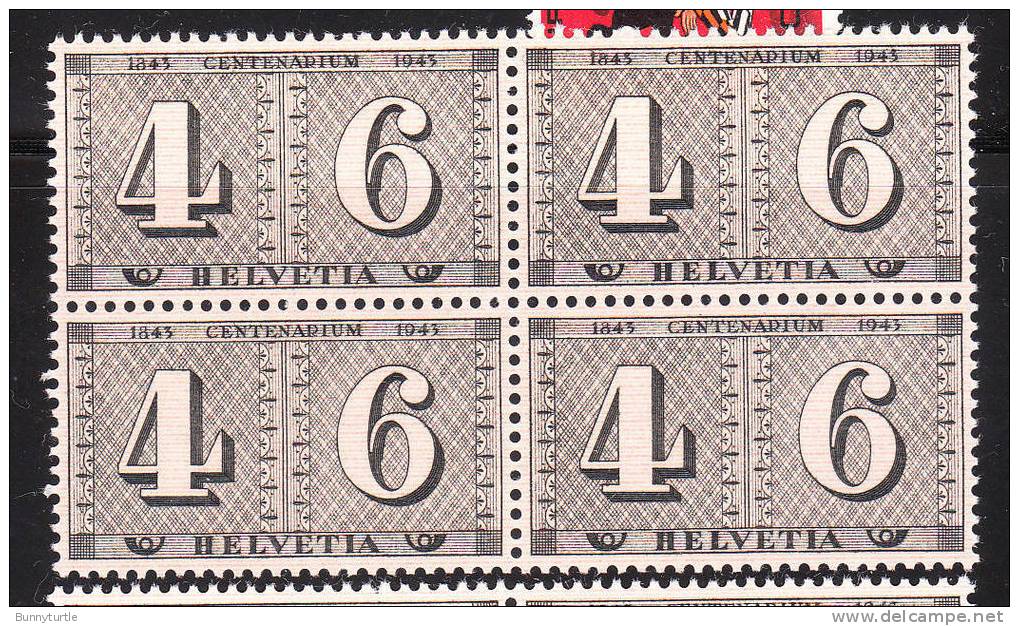 Switzerland 1943 Centenary Of Postage Stamps Zurich 1843 Blk Of 4 MNH - Ungebraucht