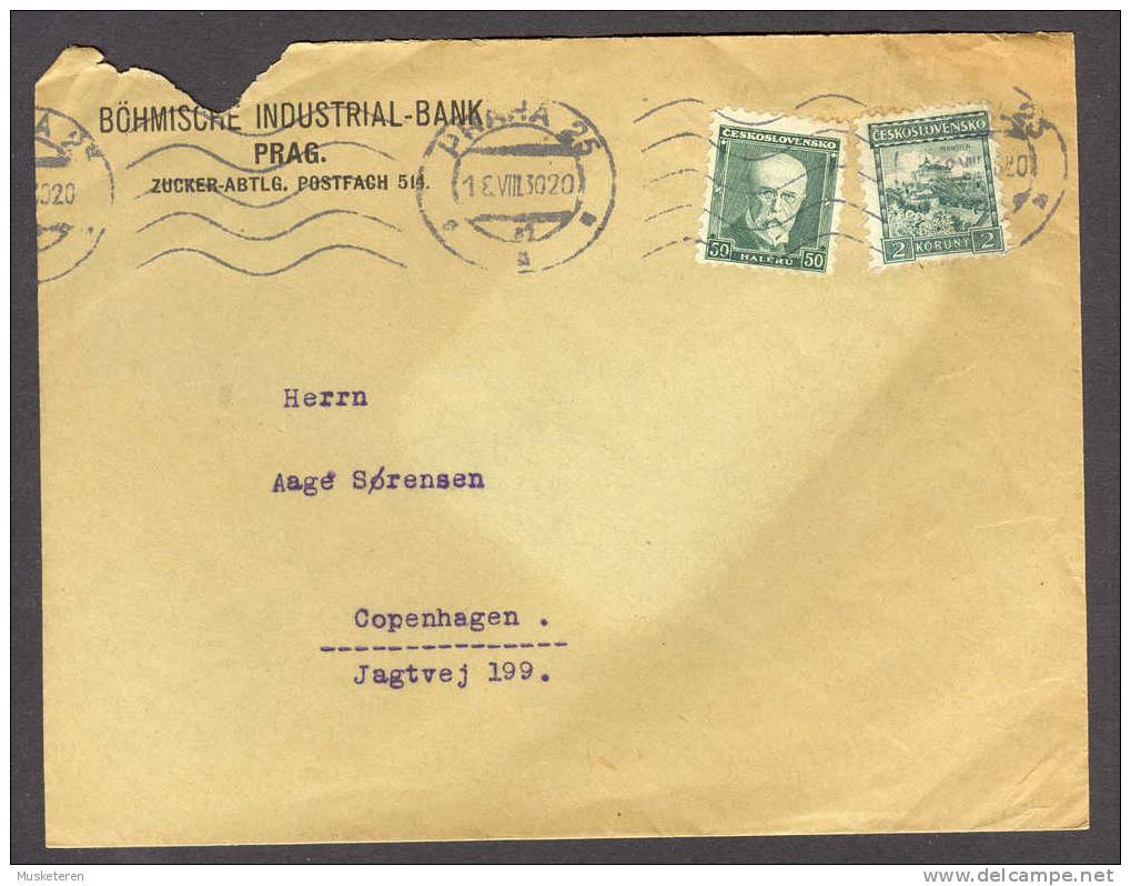 Czechoslovakia Böhmische Industrial Bank Prag TMS Praha 25 Cancel 1930 To Copenhagen Denmark - Covers & Documents