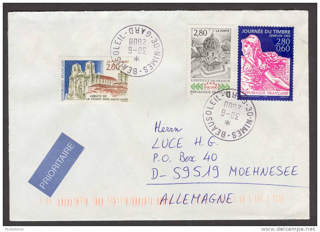 France Beauty Prioritaire Deluxe NIMES Beausoleil Cancel Cover 2008 To Allemagne L'Institut De France Journée De Timbre - Storia Postale