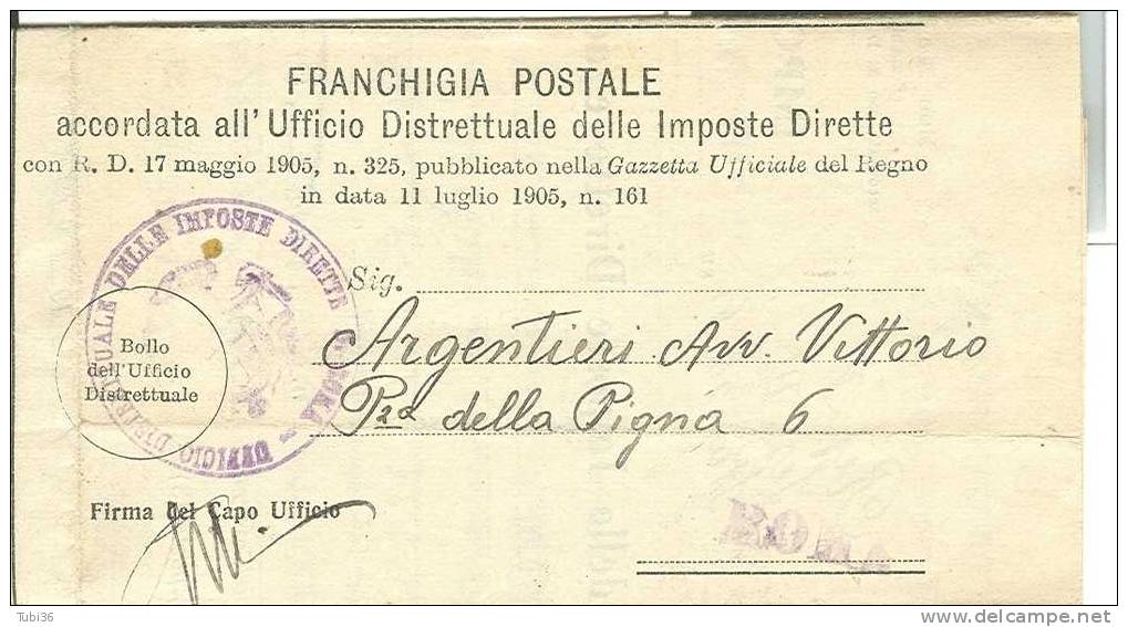 FRANCHIGIA POSTALE - CONCESSA ALL'UFFICIO DELLE IMPOSTE DIRETTE - VIAGGIATO PER POSTA - TIMBRO QUARTIERE POSTALE ROMA. - Franchise