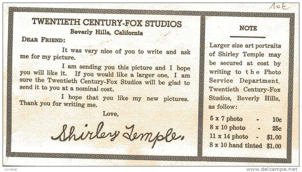 Shirley Temple. Twentieth Century Fox Studios, Beverly Hills, California - Autres & Non Classés