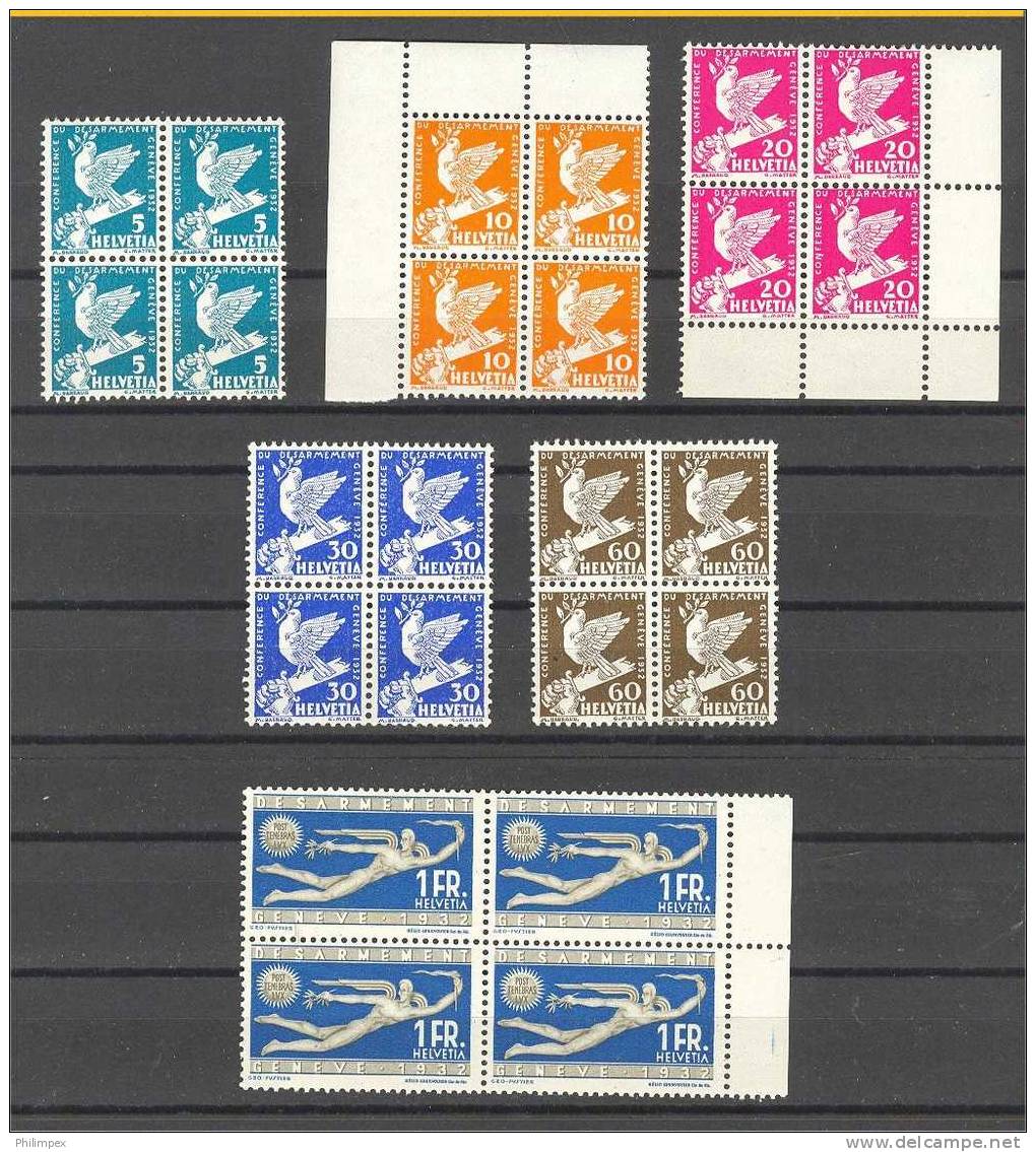 SWITZERLAND, DISARMAMENT 1932, COMPLETE SET, BLOCKS OF 4 MNH! - Neufs