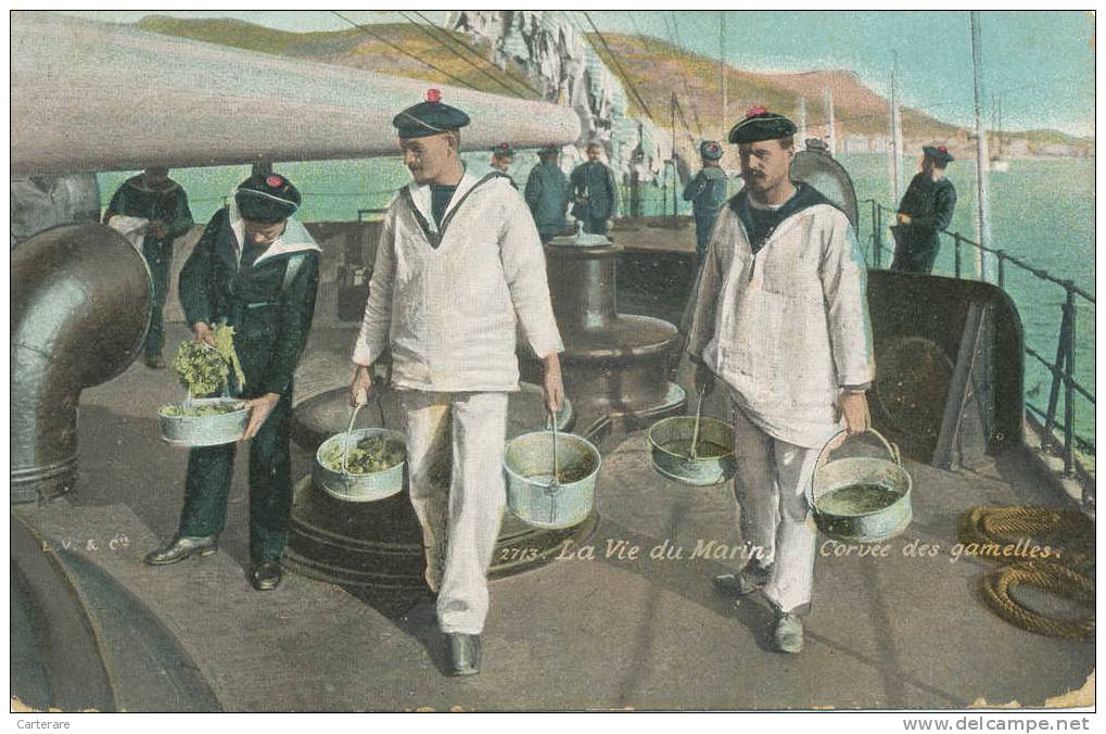 Cpa,métier De La Mer,la Vie Du Marin ,grand Bateau,corvée Des Gamelles,une Autre Vie,berret,tenue Militaire - Fishing