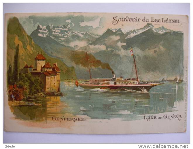 Lac Leman  Genfersee Couleur Litho Hubacher Et Biedermann 426 Bateau Aube Paddle Boat - Genève