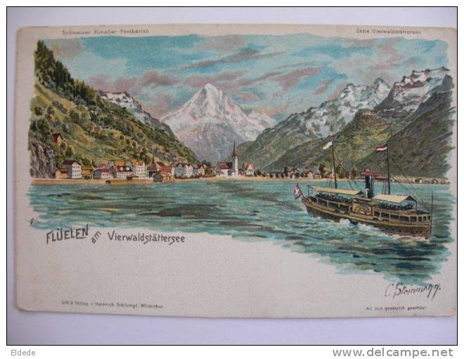 Fluelen Am Vierwaldstattersee Litho Schlumpf  Winterthur    Bateau Aube Paddle Boat - Wald