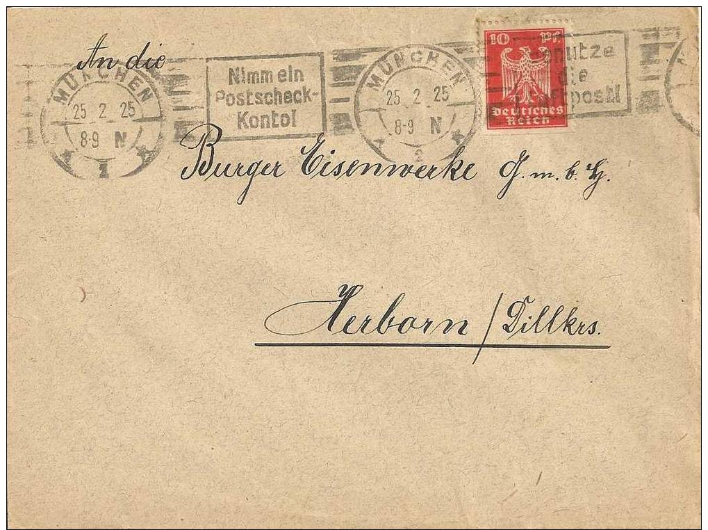 Brief Mit Nr 350 Und Werbestempel / Flamme : Munchen / "Nimm Ein Postscheck-Kontrol" Aus 1925 - Briefe U. Dokumente