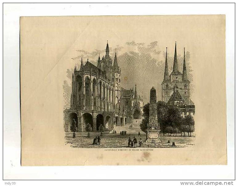 - CATHEDRALE D´ERFURT ET EGLISE SAINT-SEVERE . GRAVURE SUR BOIS DU XIXeS. - Stiche & Gravuren