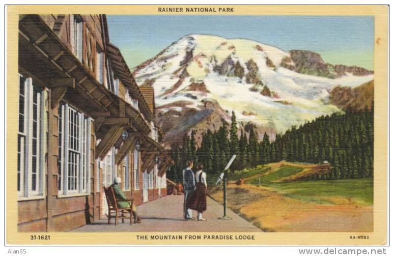 Mt. Rainier National Park , Paradise Inn, Telescope On 1936 Vintage Curteich Linen Postcard - USA National Parks