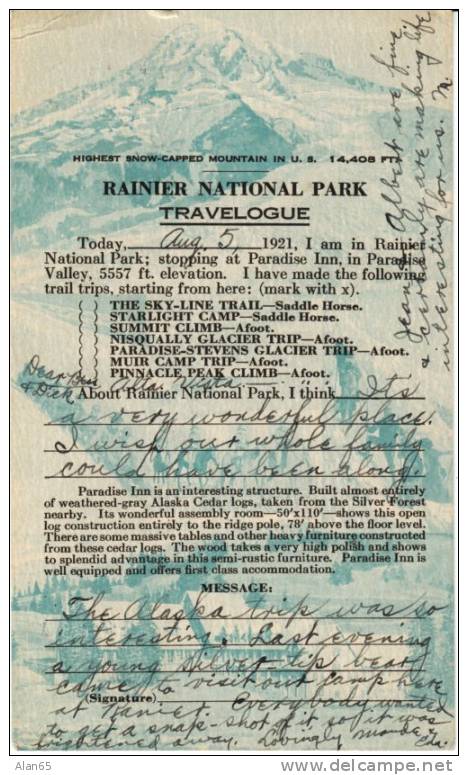 Mt. Rainier Travelogue Private Mailing Card, Paradise Inn, Message About A Bear - USA National Parks