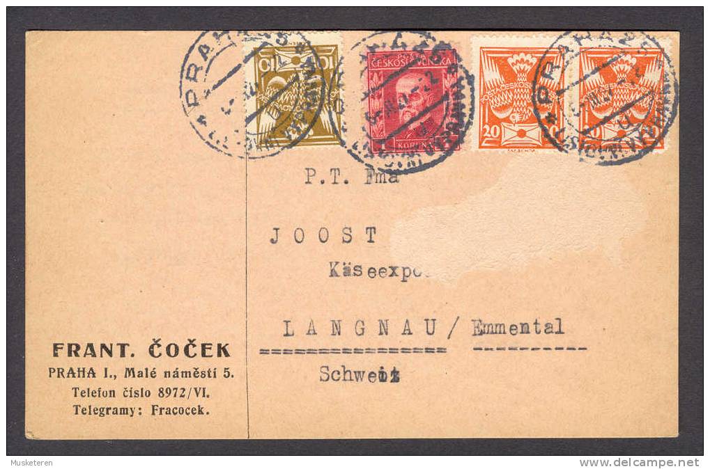 Czechoslovakia FRANT. COCEK Praha Listowny Vypravna 1927 Cancel Registered Card To LANGNAU Emmental Schweiz Suisse - Lettres & Documents