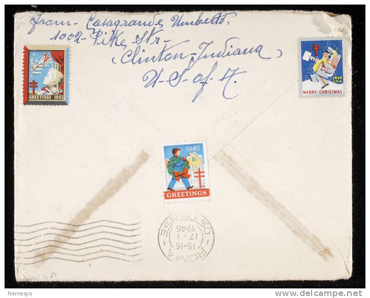 1945 VERY BEAUTIFUL COVER FROM CLINTON (INDIANA) TO ROME ITALY 3 NICE CINDERELLAS - Erinnofilie