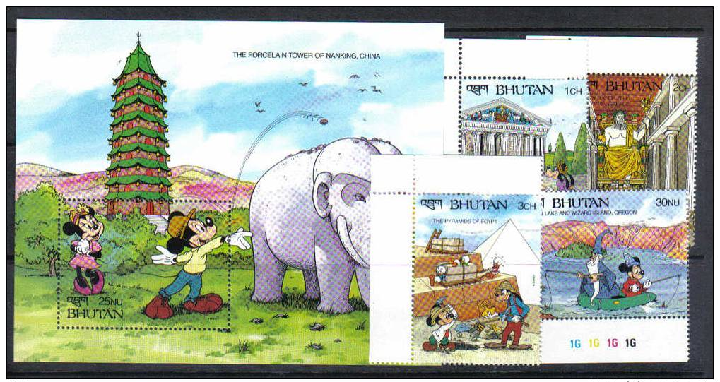 WD9 - BHUTAN , Disney Serie N. 960/963 + Foglietto  *** - Disney