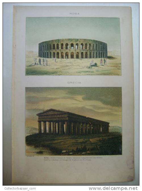 PRINT COLOUR LITHOGRAPHY ANCIENT GREECE AND ROME ARCHITECTURE GREEK TEMPLE ROMANIC CIRCUS - Prints & Engravings