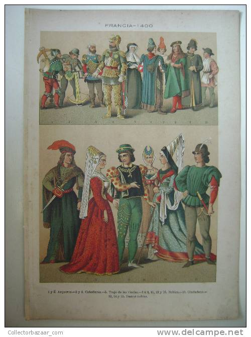 PRINT COLOUR LITHOGRAPHY FRANCE 1400 FASHION CLOTHING WARRIORS OFFENSIVE AND DEFENSIVE WEAPONS - Prints & Engravings