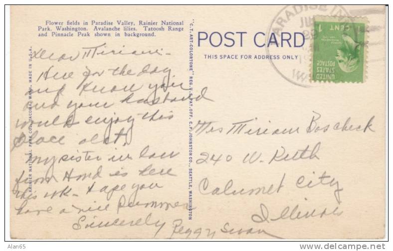 Paradise Inn WA Postmark Pierce County DPO-1 4-bar Cancel Postmark On 1937 Vintage Curteich Linen Mt. Rainier Postcard - Andere & Zonder Classificatie