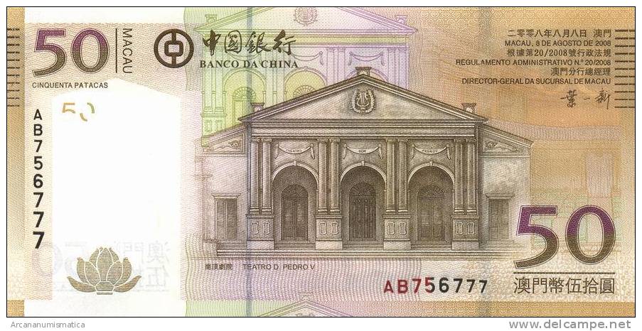 MACAU  (BANCO DE CHINA)   50  PATACAS    2008  (2009)  SC/UNC/PLANCHA      DL-6773 - Otros – Asia