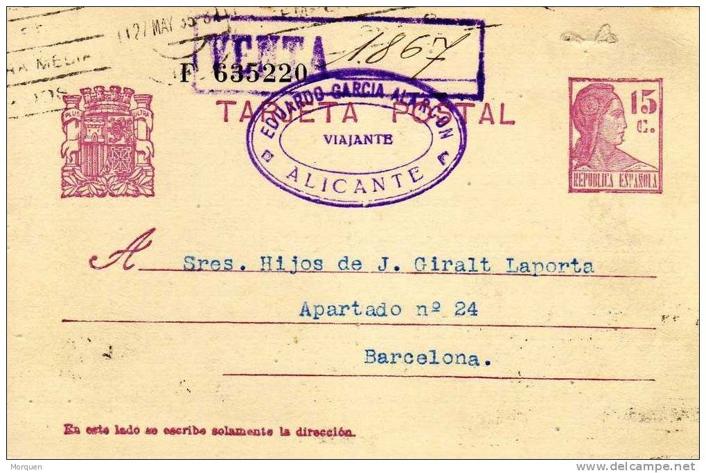 Entero Postal 1934 ALICANTE. Republica - 1931-....
