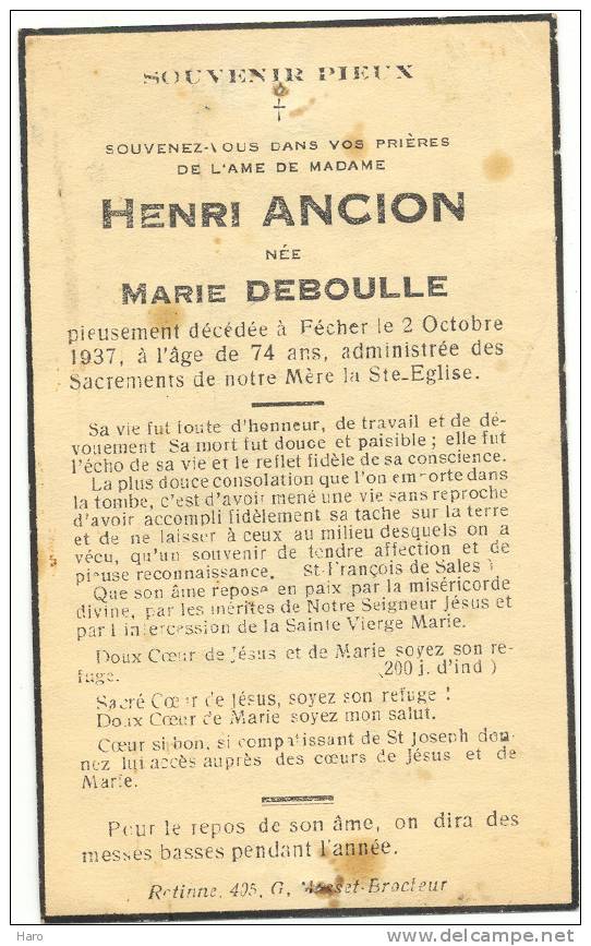 Faire-part De Décès De Mde Marie Deboule épouse De H. Ancion  - Fécher-Soumagne 1937 - Andere & Zonder Classificatie