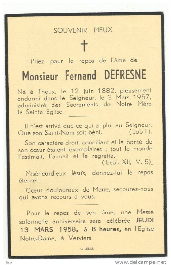 Faire-part De Décès De Mde Marie Piront épouse De F. Defresne  - Verviers 1951 - Other & Unclassified