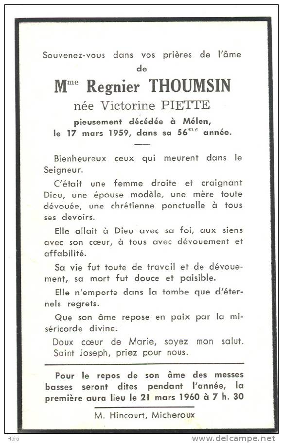 Faire-part De Décès De Mde Victorine Piette épouse De R. Thoumsin   - Mélen 1959 - Andere & Zonder Classificatie