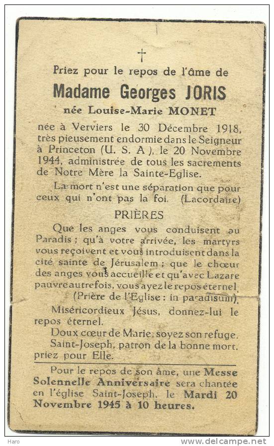 Faire-part De Décès De Mde L.M. Monet épouse De G. Joris    - Verviers 1945 - Altri & Non Classificati