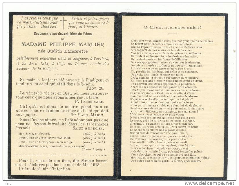 Faire-part De Décès De Mde J. Lambrette épouse De P. Marlier   - Verviers 1912 - Sonstige & Ohne Zuordnung