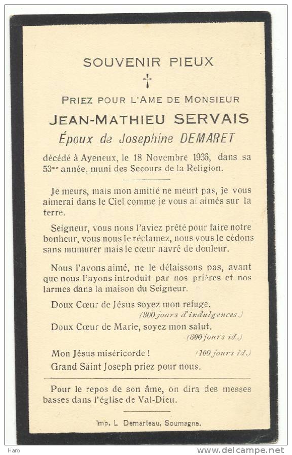 Faire-part De Décès De Mr.  J-M Servais époux De  Joséphine Demaret - Ayeneux 1936 - Other & Unclassified