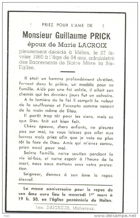 Faire-part De Décès De Mr.  Guillaume Prick époux De Marie Lacroix- Melen 1960 - Autres & Non Classés