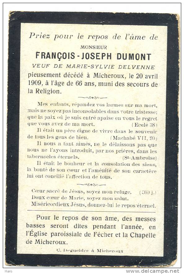 Faire-part De Décès De Mr.  F.J Dumont Veuf De Marie Sylvie Delvenne- Fecher - Micheroux 1909 - Other & Unclassified