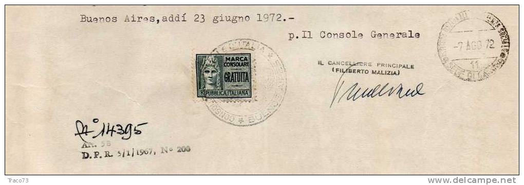 1972 - BUENOS AIRES - CONSOLATO ITALIANO - MARCA DA BOLLO GRATUITA SU DOC. UFF. - Fiscaux