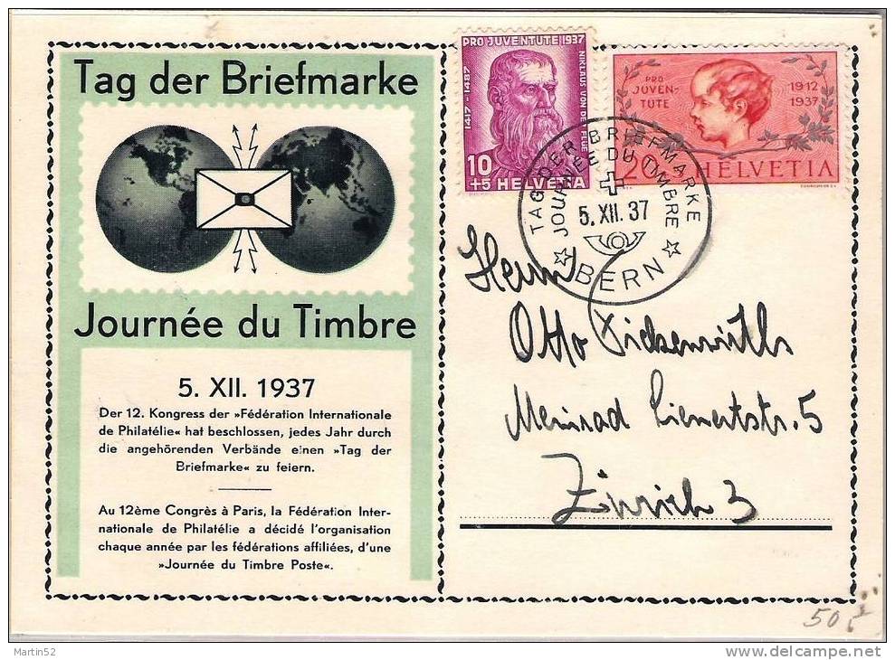 Journée Du Timbre 1937: Carte Officielle (Varieté "bleu-vert") Zumstein 2008 = CHF 60.00 - Marcofilie