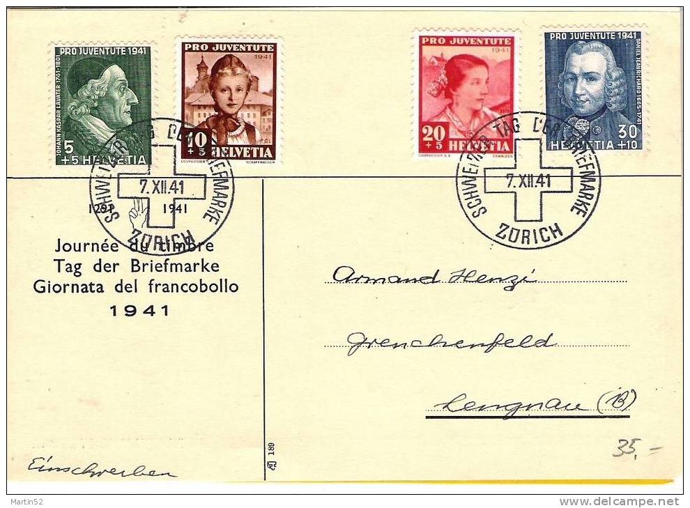 Journée Du Timbre 1941: Carte Officielle Avec Série PJ (Zumstein 2008 = CHF 27.00) - Storia Postale