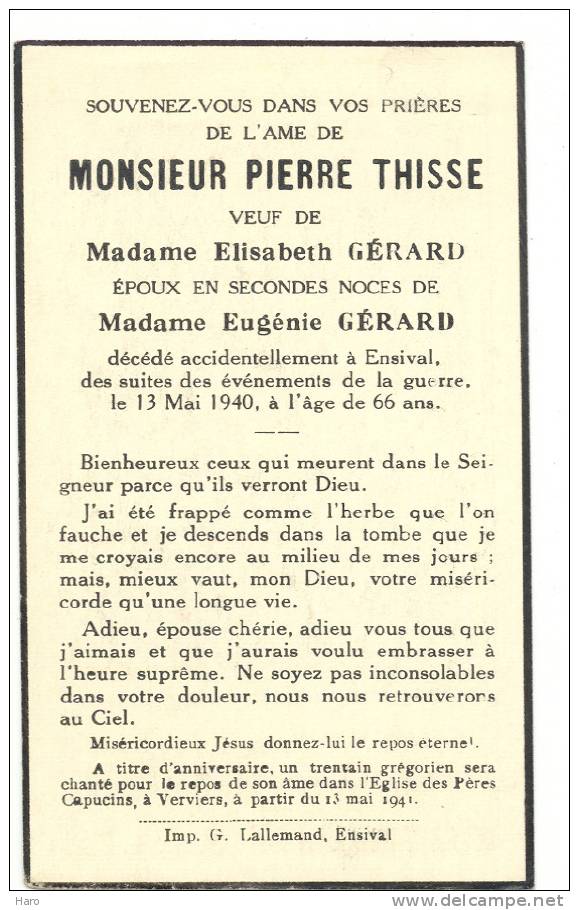 Faire-part De Décès De Mr. P. Thisse époux De Elis. Gérard  Et De Eug. Gérard- Ensival 1940 - Guerre 40/45 - Autres & Non Classés