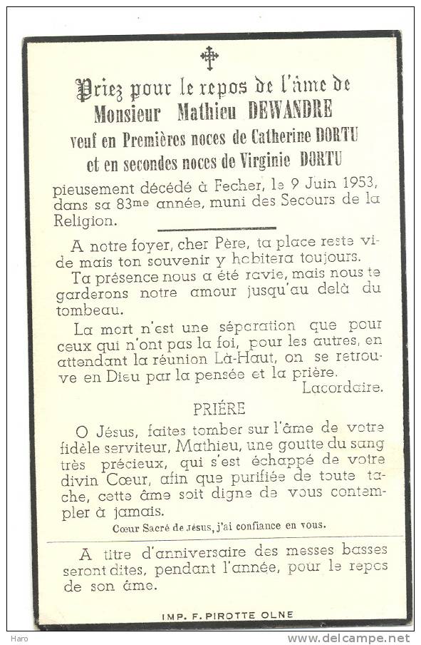 Faire-part De Décès De Mr. M. Dewandre époux De C. Dortu Et De V. Dortu - Mélen 1953 - Autres & Non Classés