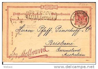 Qld006 / AUSTRALIEN, QUEENSLAND,  Hamburg-Brisbane-Melbourne 1893.  Mit Stempel "Not  Known Letter Carriers - Brieven En Documenten