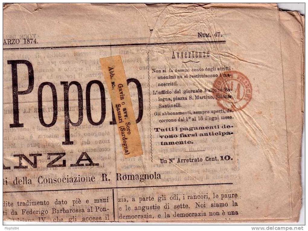 ITALIE-JOURNAL COMPLET "VOCE DEL POPOLO"19-3-1874 - CACHET ROUGE PERIODICI FRANCHI Ci 1 * - SUPERBE - Poststempel