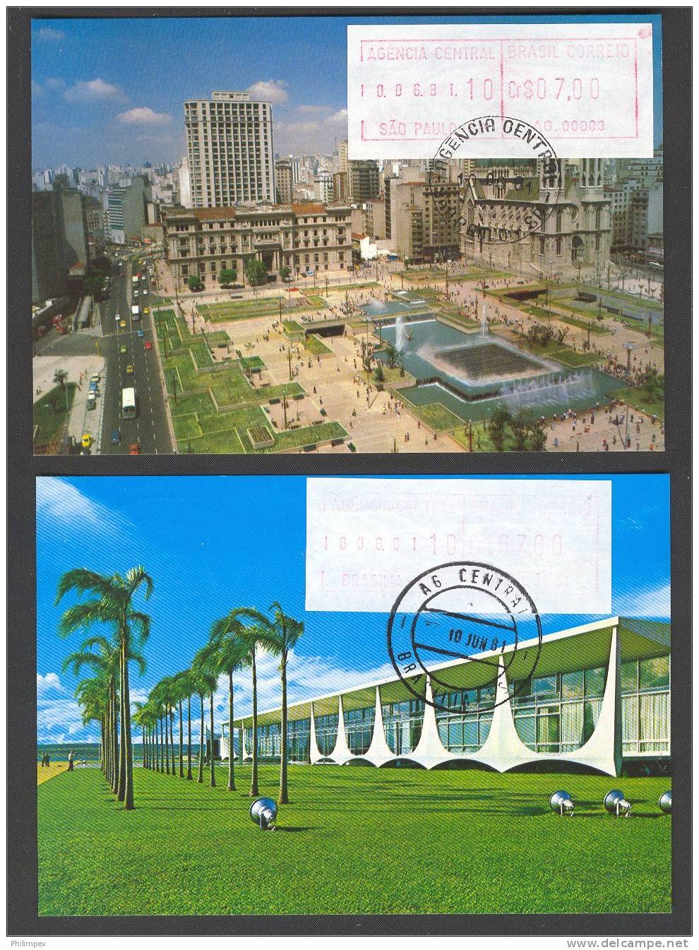 BRAZIL, 6 FRAMA STAMPS 1981, ALL USED ON POST CARDS - Frankeervignetten (Frama)