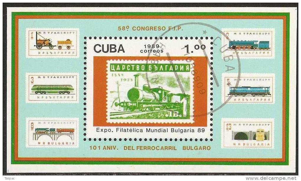 1989 Mi# Block 115 Used - 58th FIP Congress And 101st Anniv. Of Bulgarian Railways - Usados