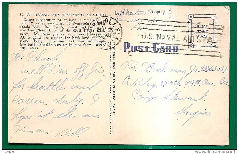 US - 1943 U.S. NAVAL AIR TRAINING STATION POSTCARD Sent Without Stamp To CAMP STEWART - US NAVAL AIR STATION CANCELLATIO - Briefe U. Dokumente